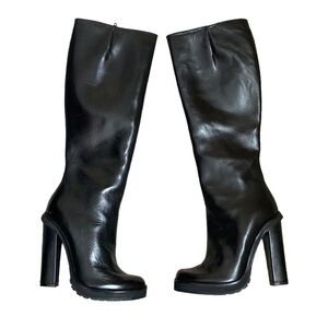 Vicenzo Rossi Black Leather Lug Sole Block Heel Knee High Boots sz 7